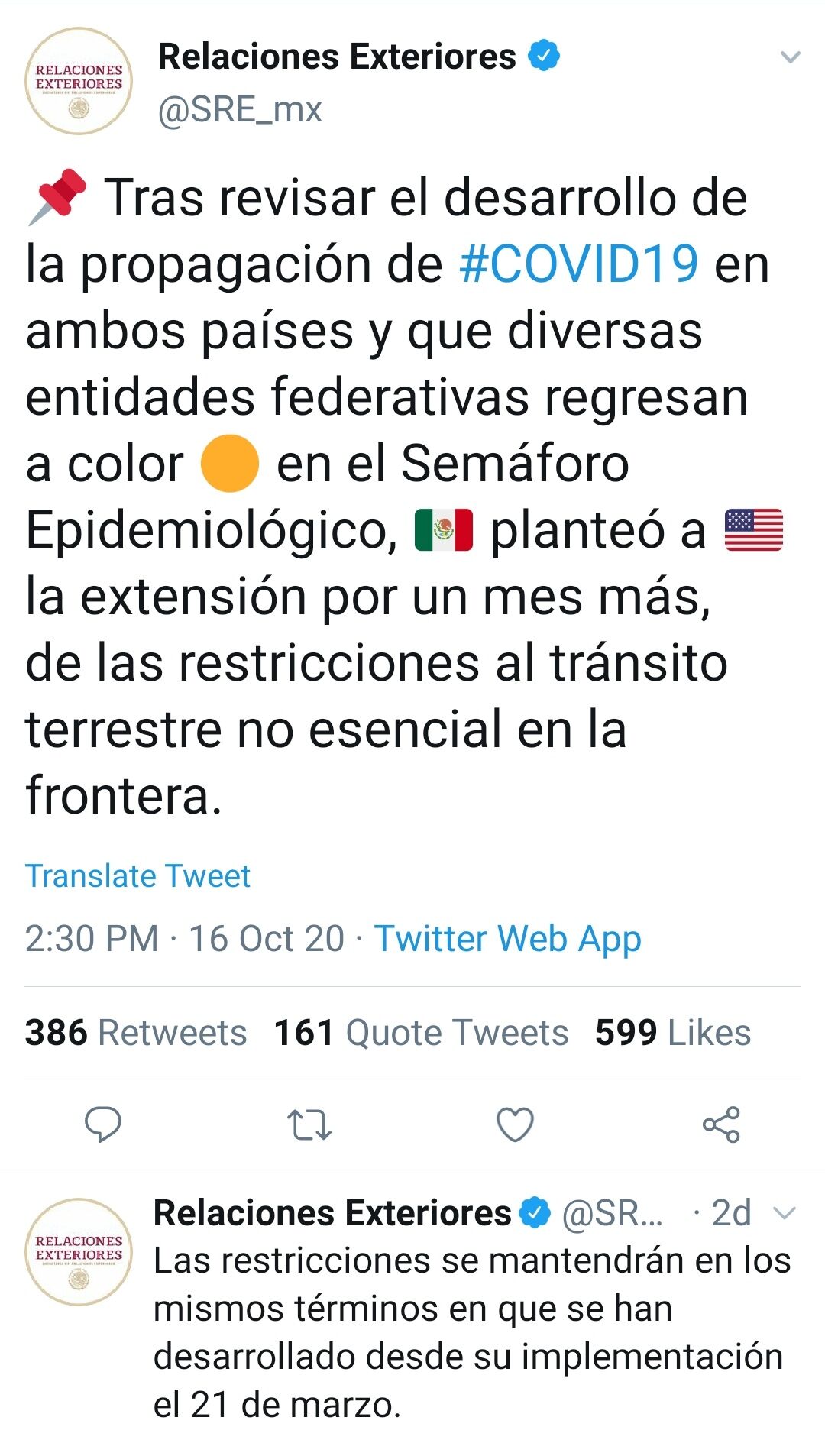 Tuit SRE: Cierre en la frontera